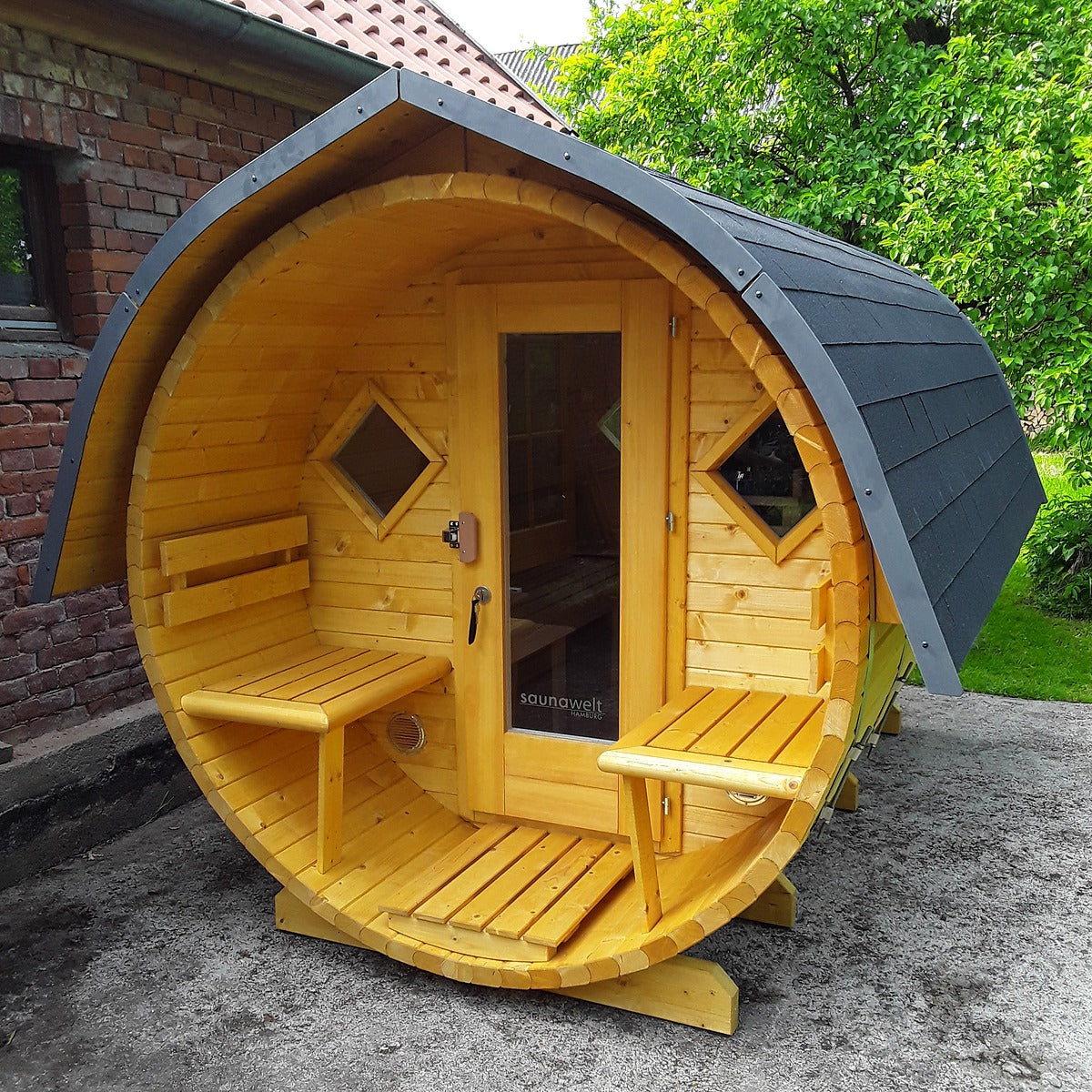 Fass-Sauna -Bausatz- 3500 mm Länge mit offenem Vorraum, elektrischer Ofen