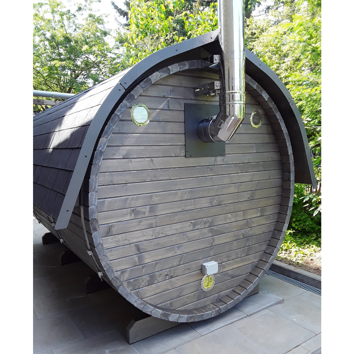 Fass-Sauna mit geschlossenem Vorraum - Bausatz - 3500 mm Länge, holzbefeuert