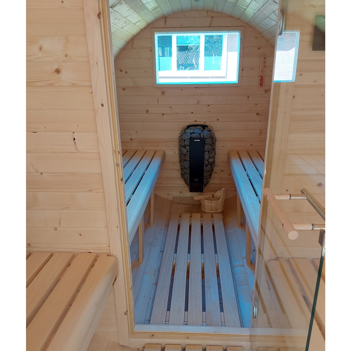 Fass-Sauna mit geschlossenem Vorraum, 3500 mm Länge, elektrischer Ofen