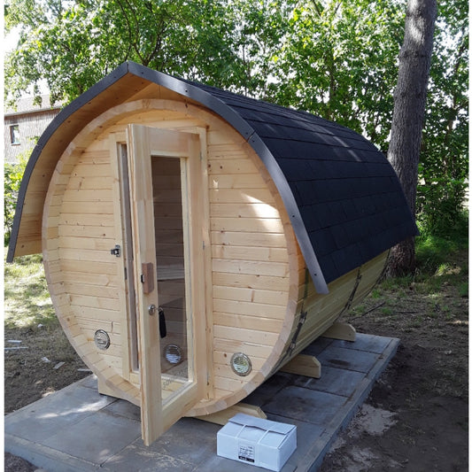 Fass-Sauna 2400 mm Länge, elektrischer Ofen