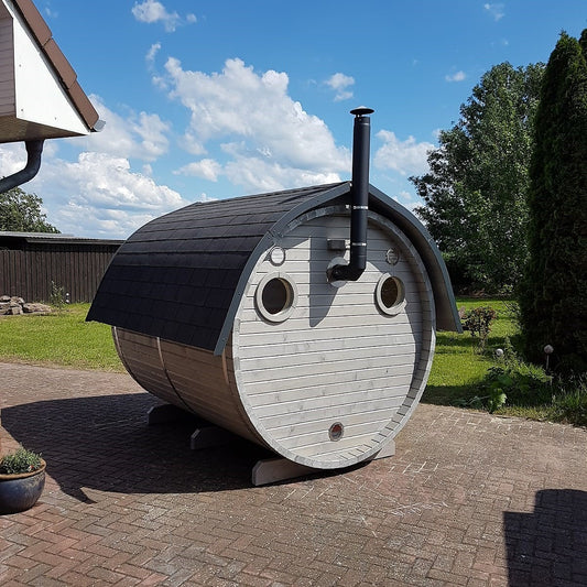 Fass-Sauna -Bausatz- 3000 mm Länge mit offenen Vorraum, holzbefeuert