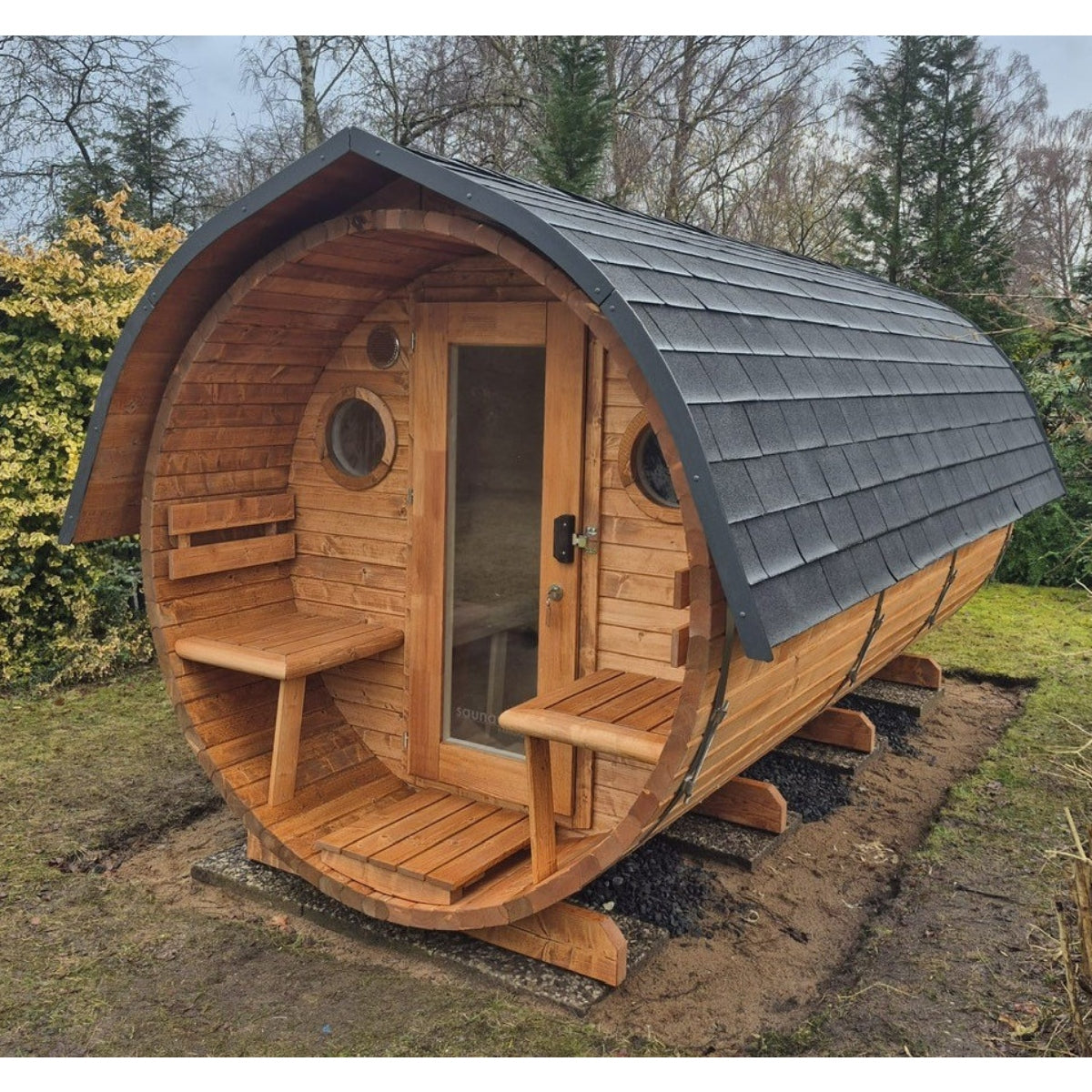 Fass-Sauna -Bausatz- 3500 mm Länge mit offenem Vorraum,  elektrischer Ofen