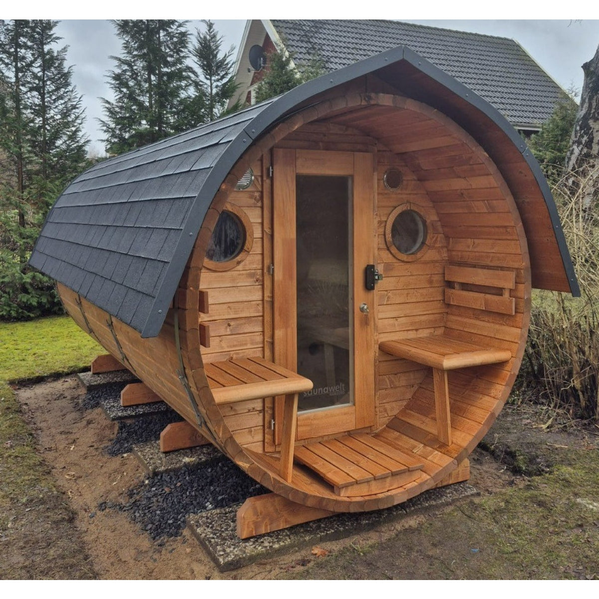 Fass-Sauna 3000 mm Länge mit offenem Vorraum, elektrischer Ofen